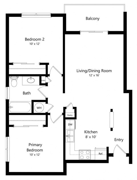Floor plan for 2 beds, 1 bath, 842 sqft